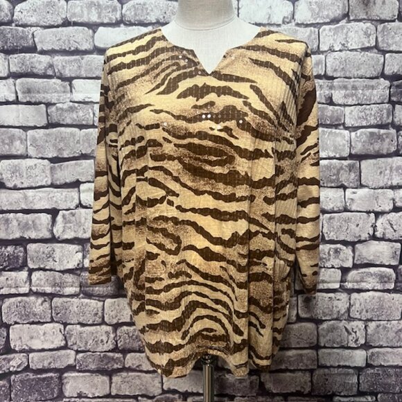 Alfred Dunner Brown & Beige Notched V-Neck Blouse Size 1X - Picture 1 of 7